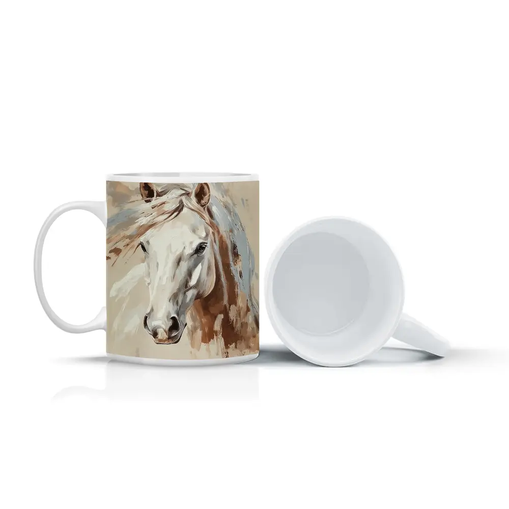 White Horse Portrait Beige Painterly Background – Mugs