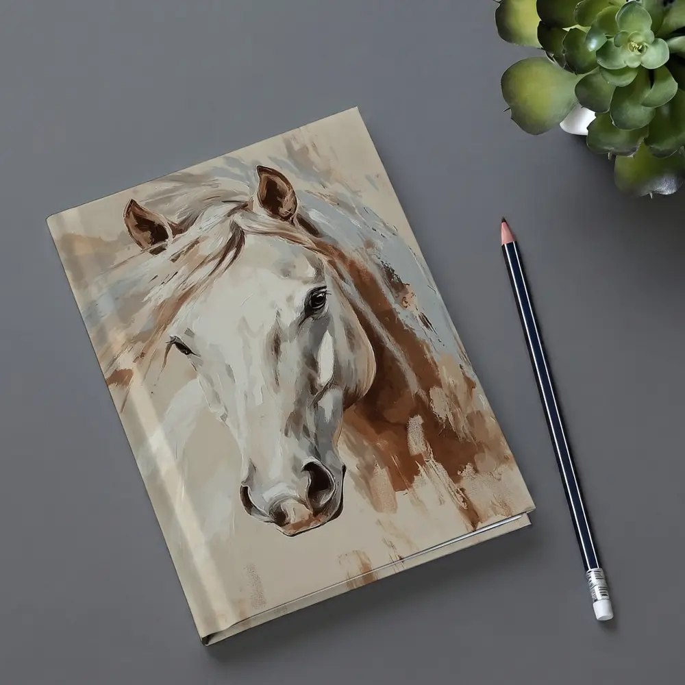 White Horse Portrait Beige Painterly Background – Notebooks