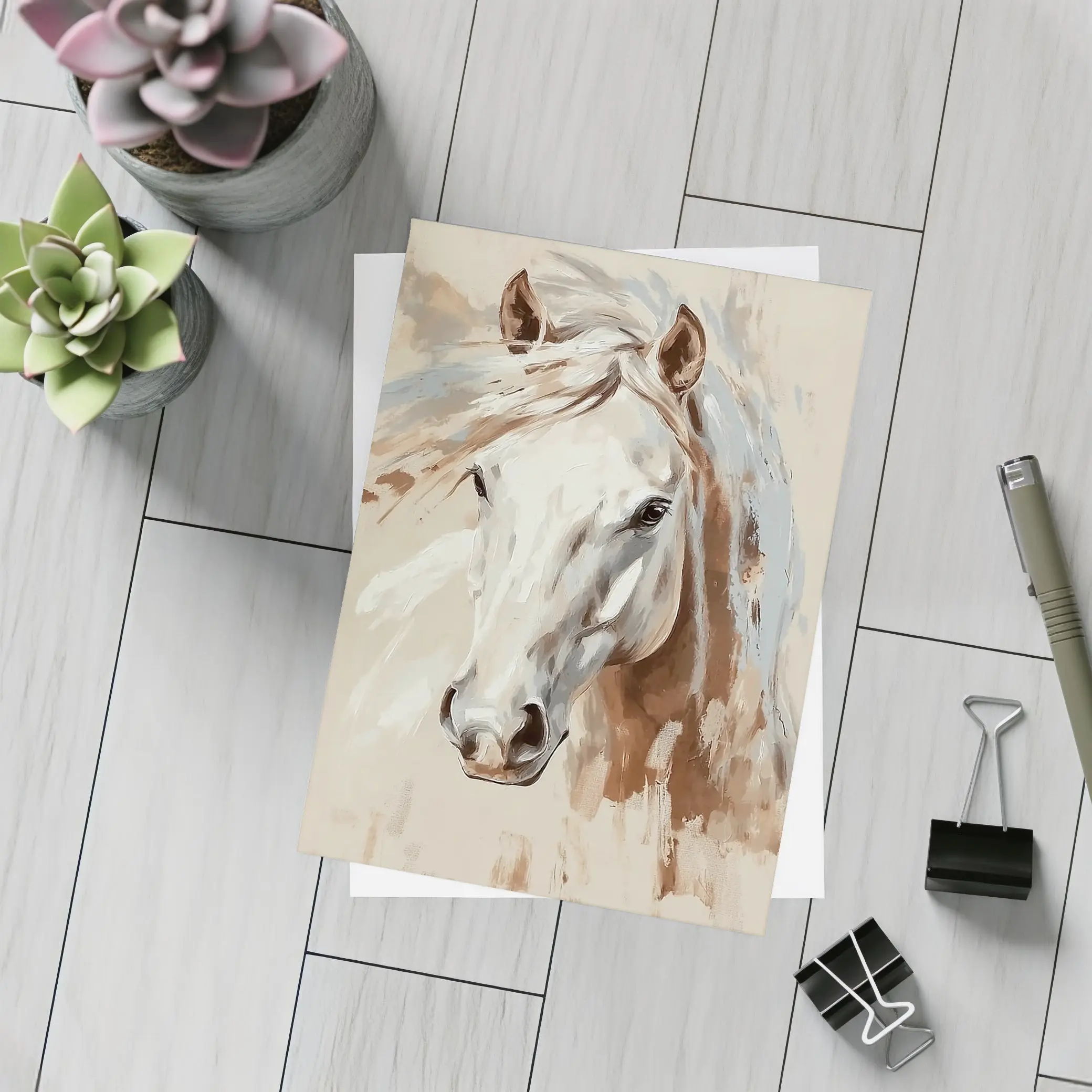 White Horse Portrait Beige Painterly Background – Postcards