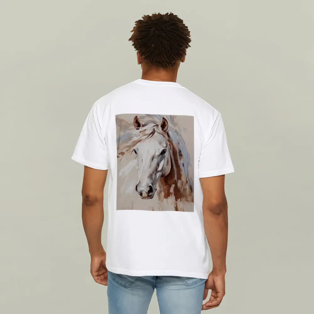 White Horse Portrait Beige Painterly Background – T-Shirts
