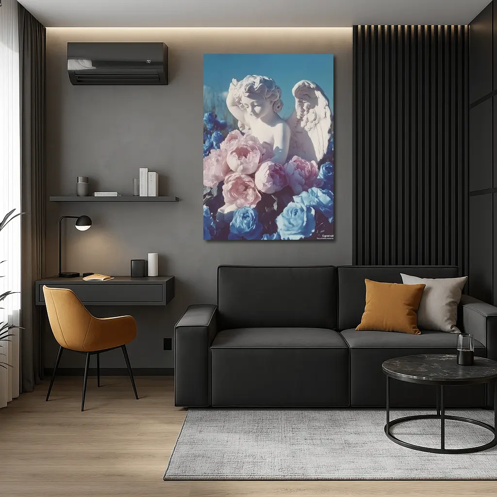 Cupid Angel Statue Pink Blue Peonies – Wall Art