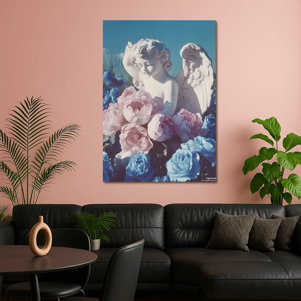 Cupid Angel Statue Pink Blue Peonies – Wall Art