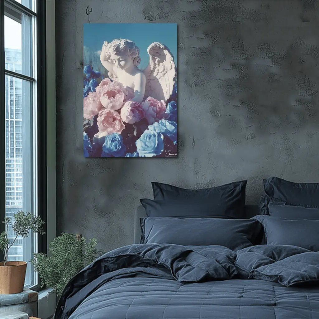 Cupid Angel Statue Pink Blue Peonies – Wall Art