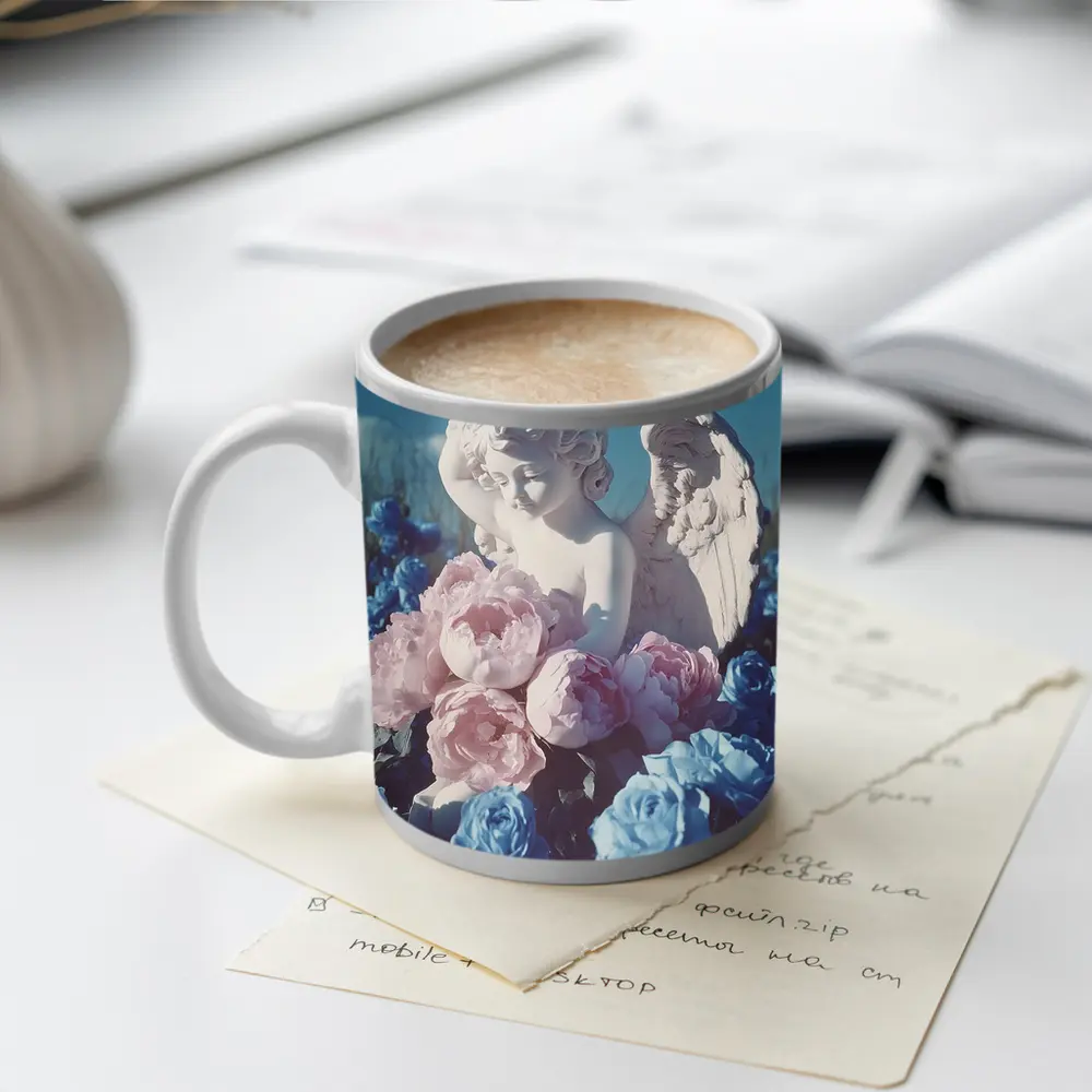 Cupid Angel Statue Pink Blue Peonies – Mugs