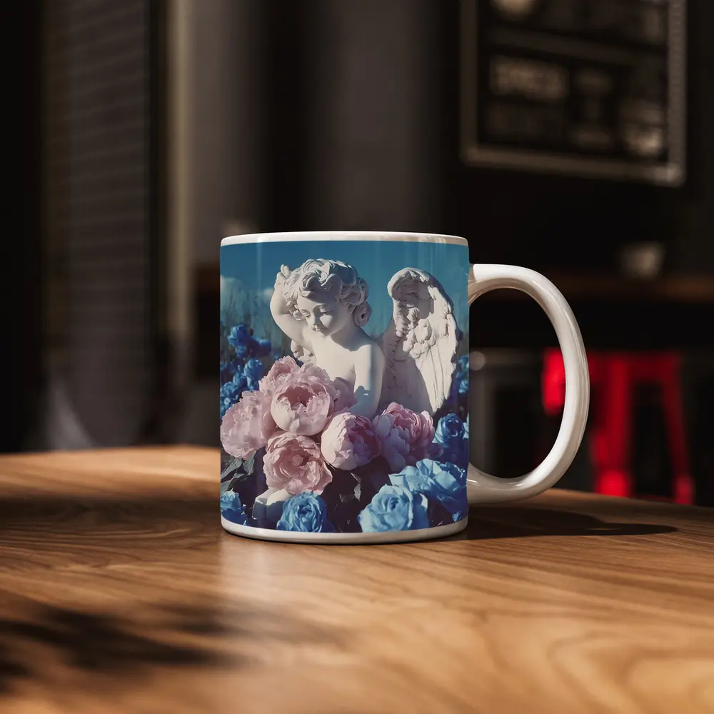 Cupid Angel Statue Pink Blue Peonies – Mugs