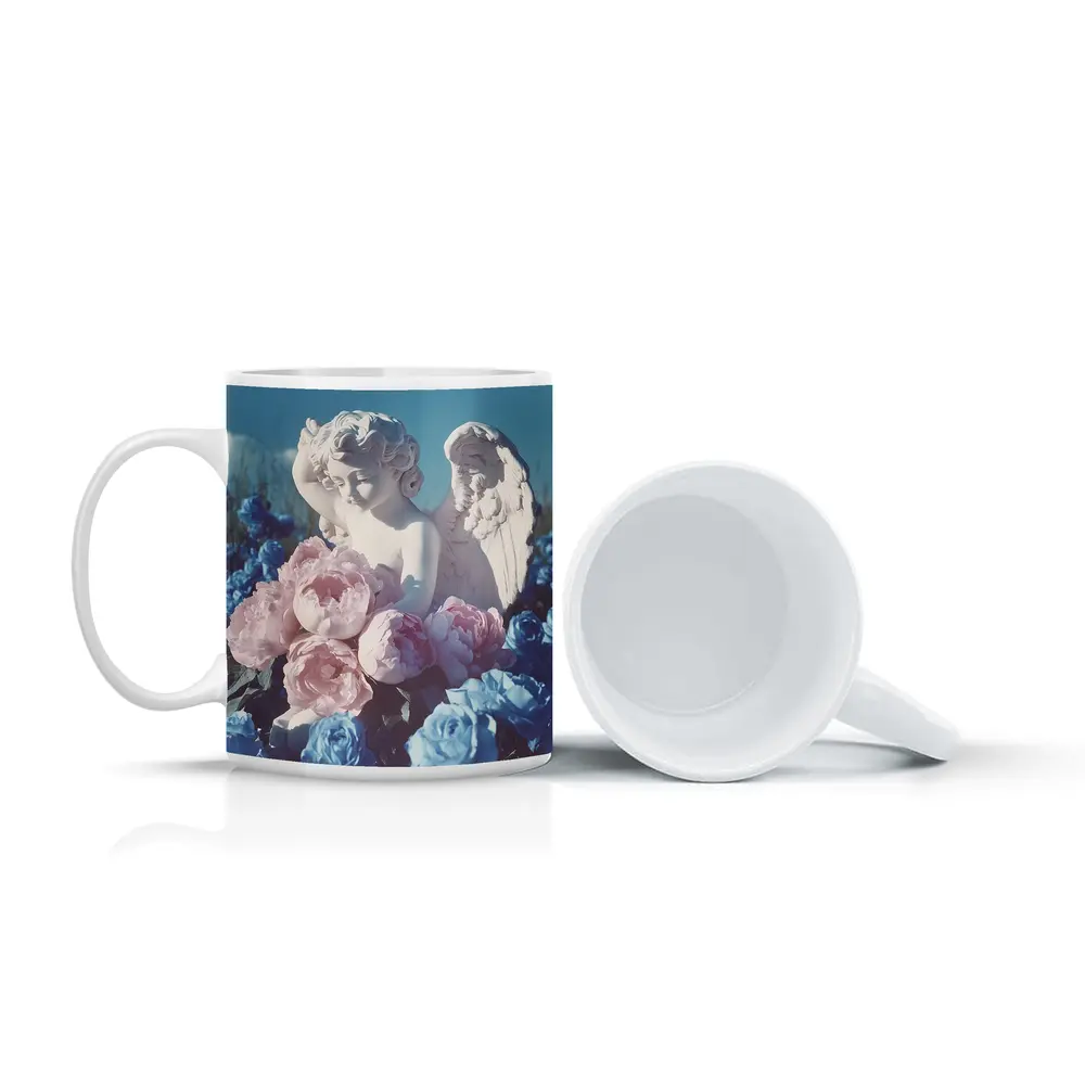Cupid Angel Statue Pink Blue Peonies – Mugs