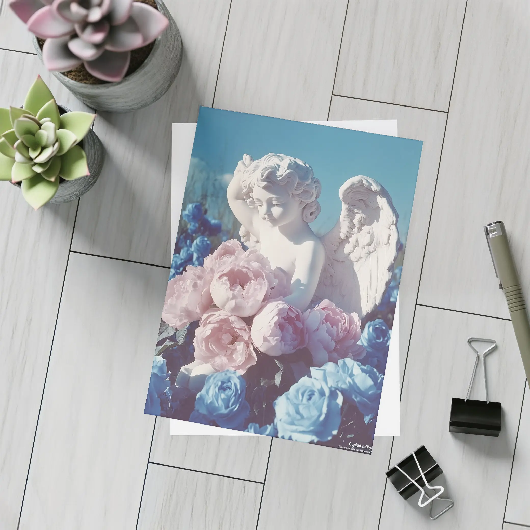 Cupid Angel Statue Pink Blue Peonies – Postcards
