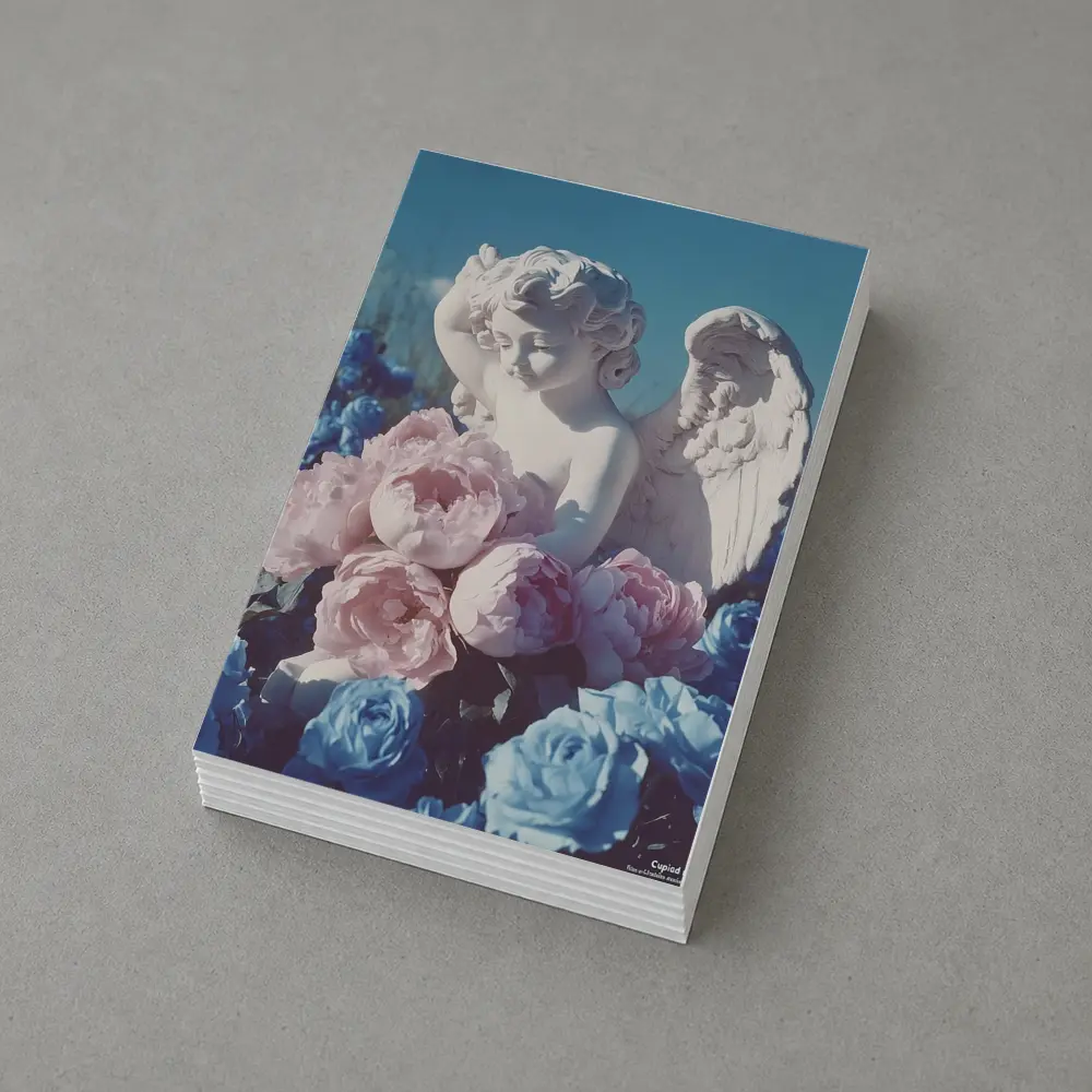 Cupid Angel Statue Pink Blue Peonies – Postcards