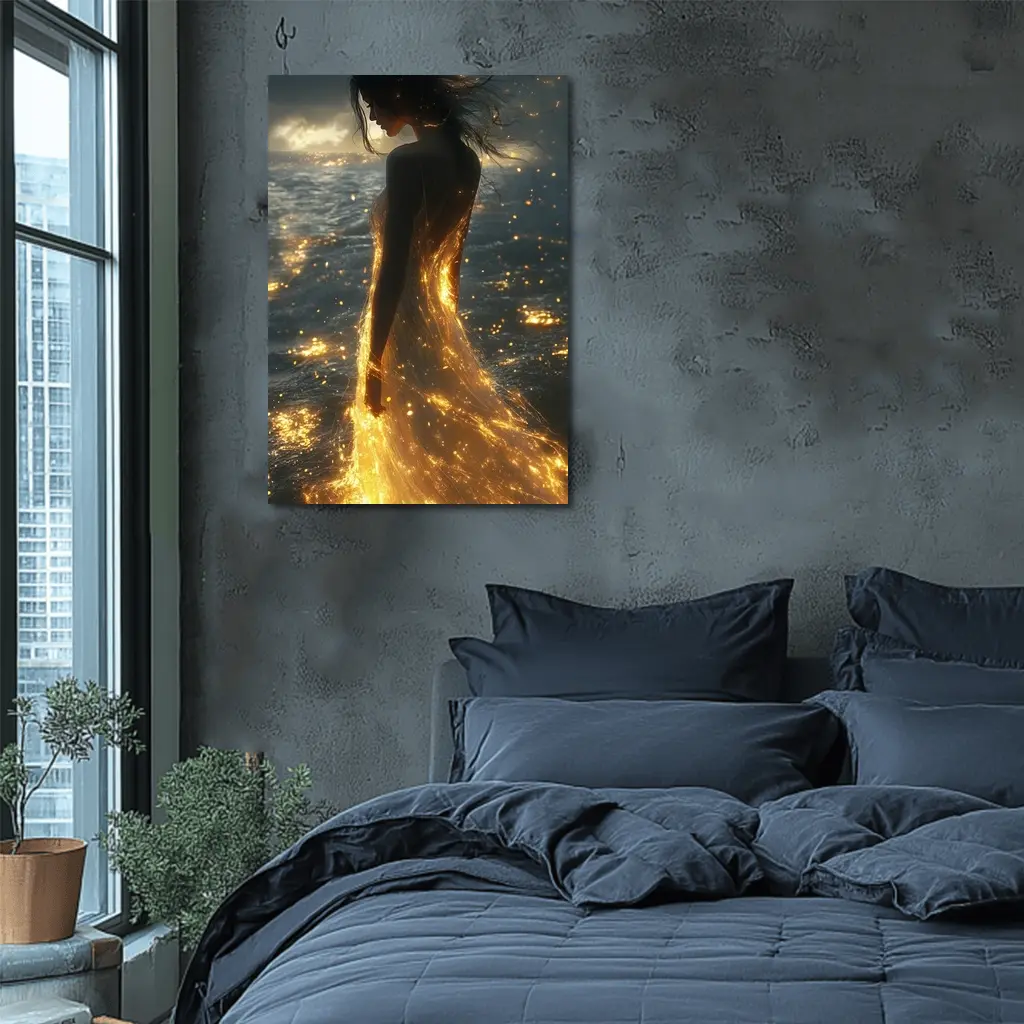 Glowing Woman Golden Light Ocean Shore – Wall Art