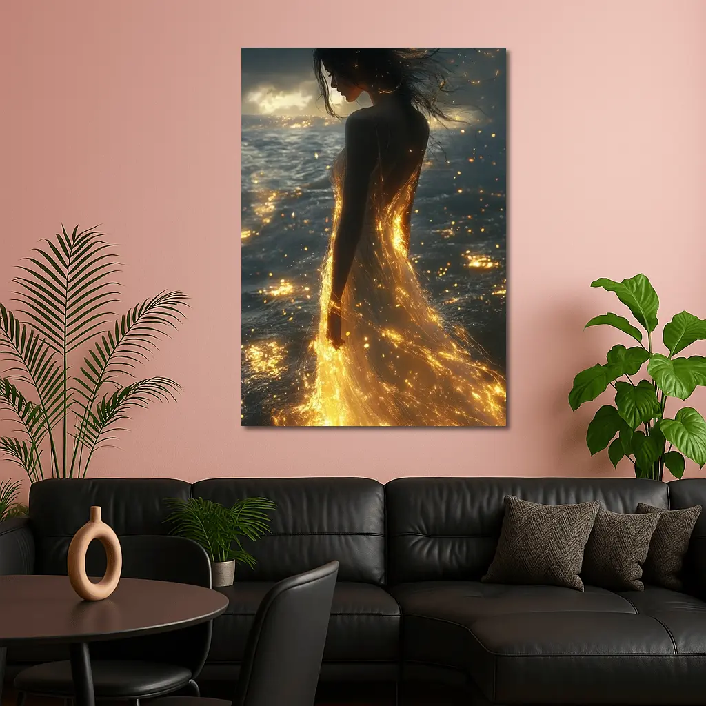 Glowing Woman Golden Light Ocean Shore – Wall Art