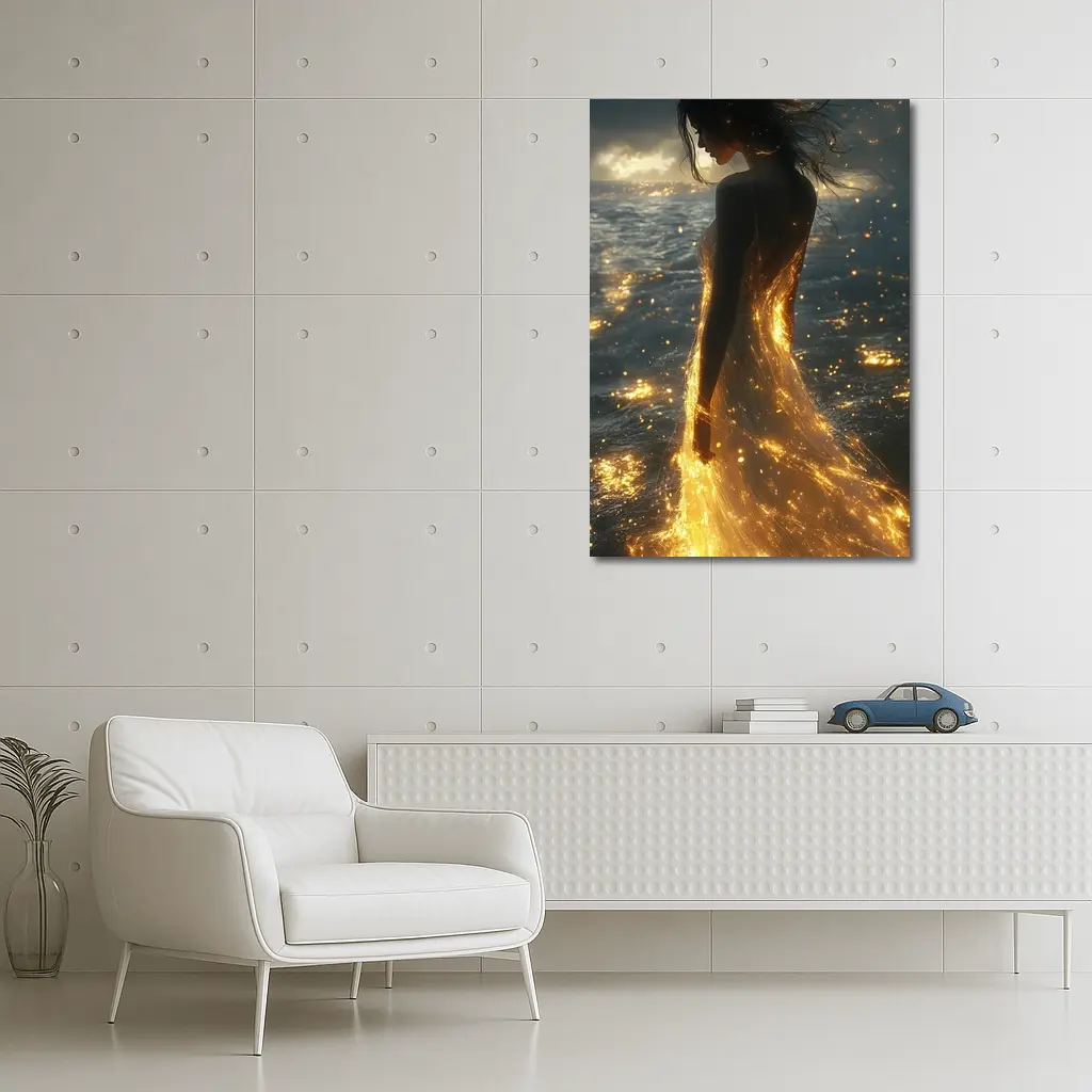 Glowing Woman Golden Light Ocean Shore – Wall Art