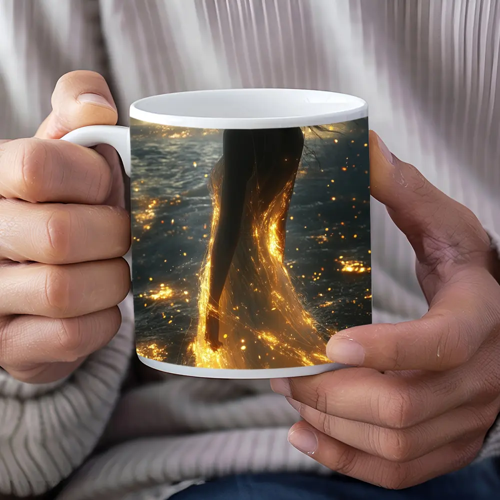 Glowing Woman Golden Light Ocean Shore – Mugs