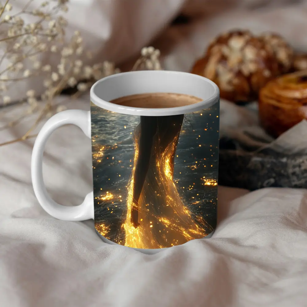 Glowing Woman Golden Light Ocean Shore – Mugs