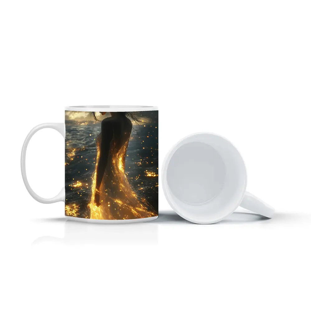 Glowing Woman Golden Light Ocean Shore – Mugs