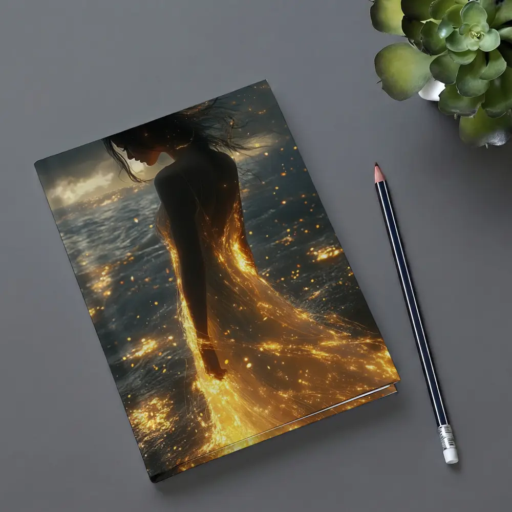 Glowing Woman Golden Light Ocean Shore – Notebooks