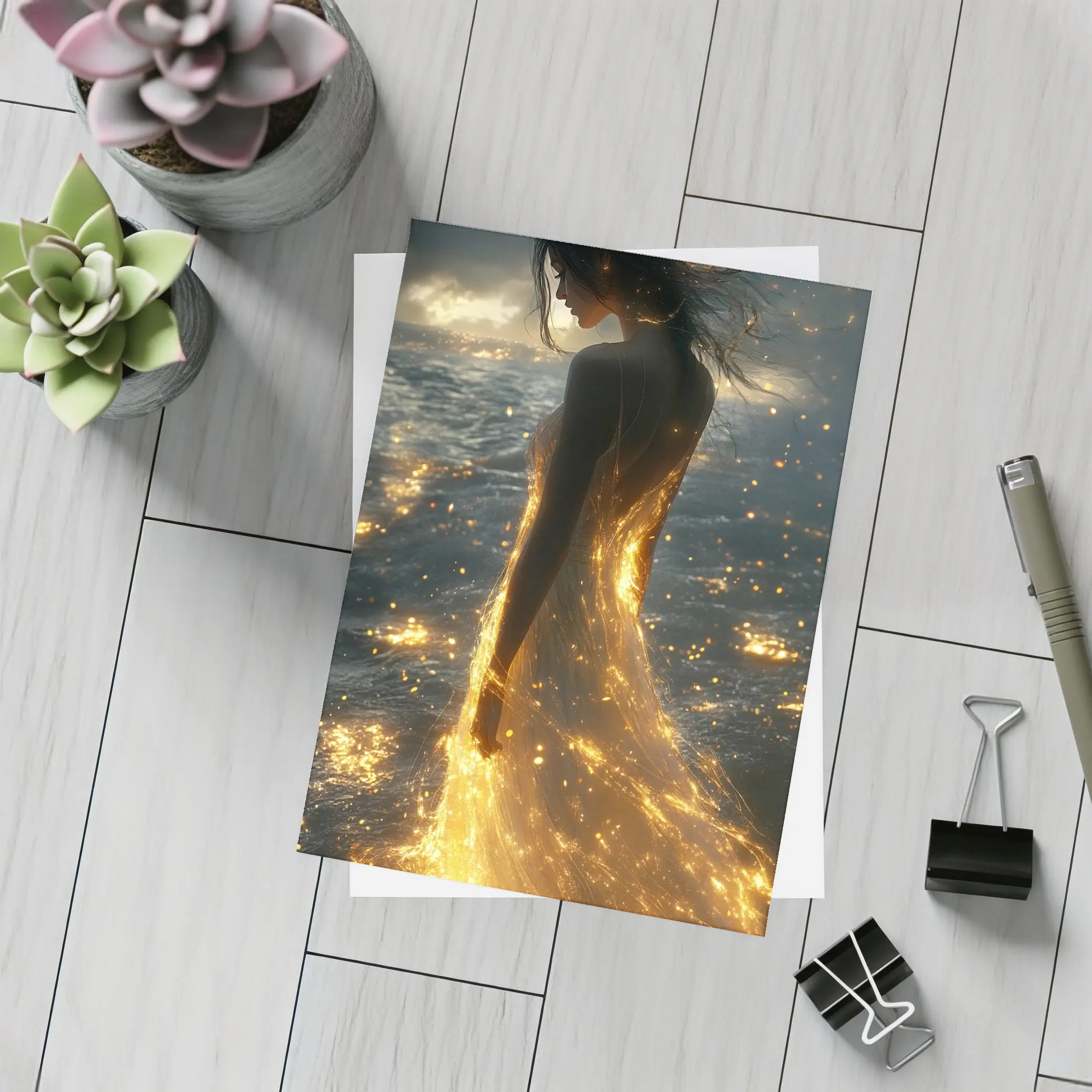 Glowing Woman Golden Light Ocean Shore – Postcards