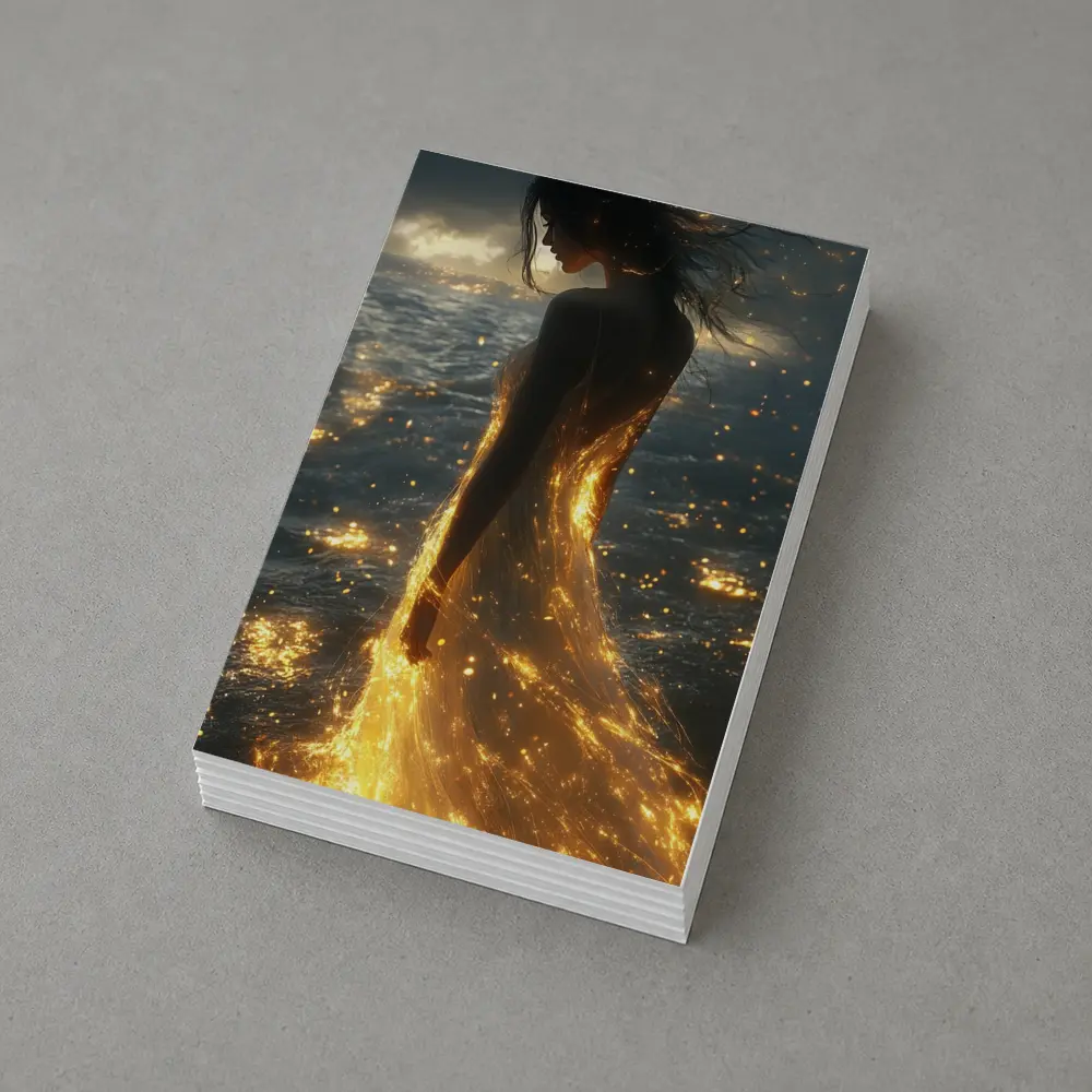 Glowing Woman Golden Light Ocean Shore – Postcards