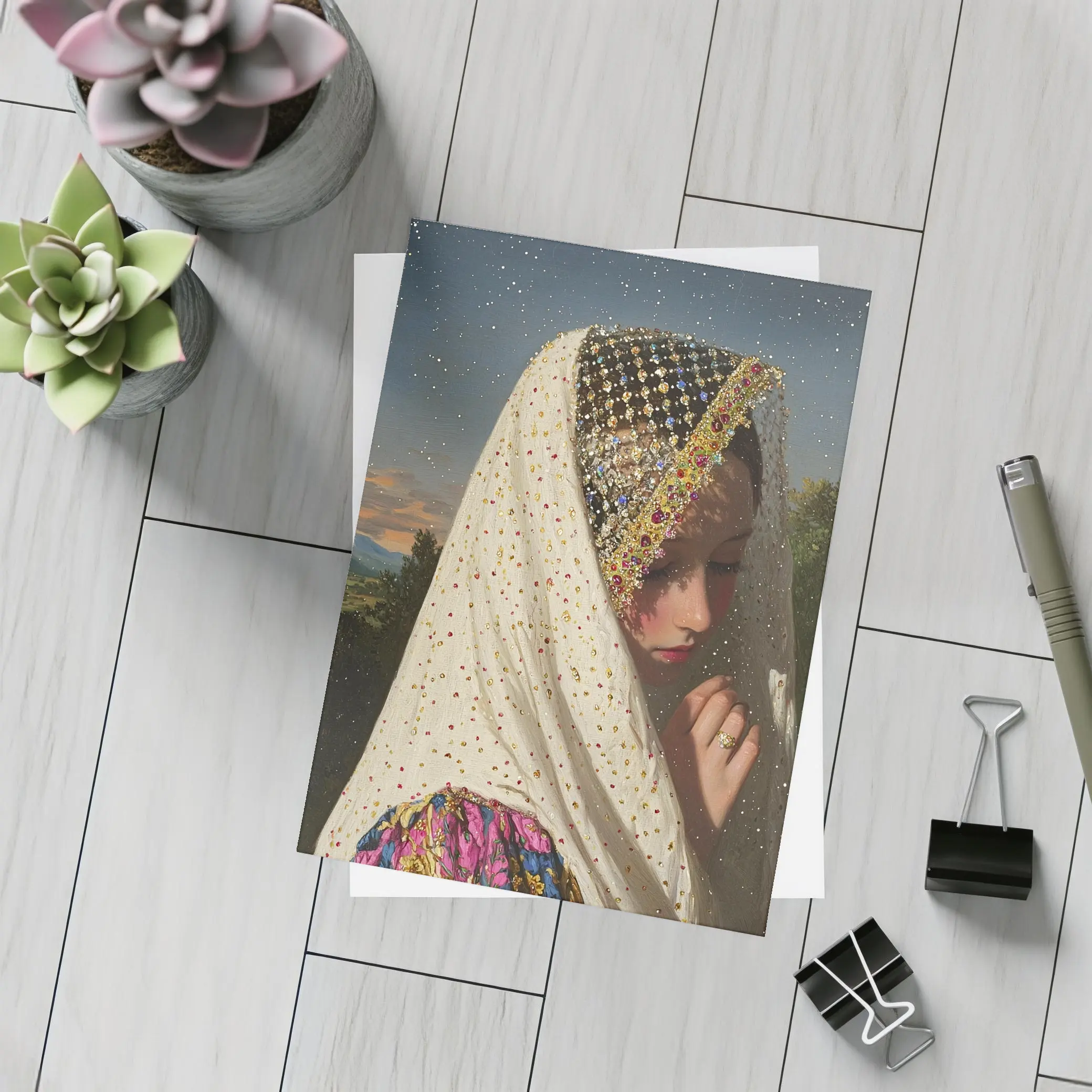 Jeweled Veil Woman Starry Night Sky – Postcards