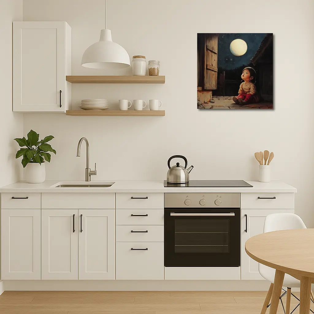 Child Gazing at Full Moon Night Sky – Wall Art
