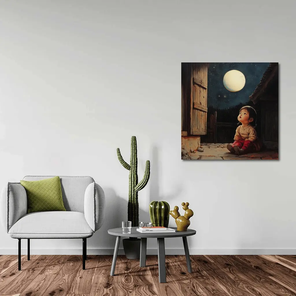 Child Gazing at Full Moon Night Sky – Wall Art