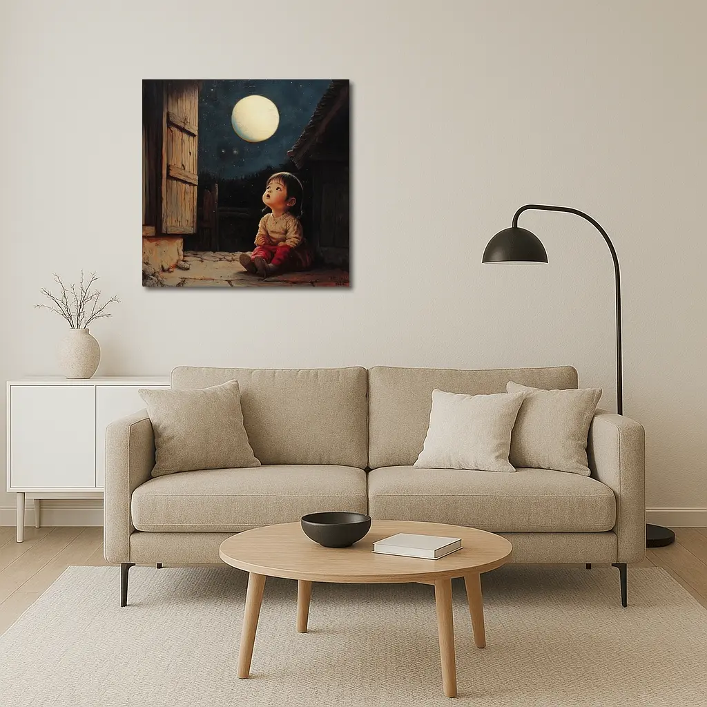Child Gazing at Full Moon Night Sky – Wall Art