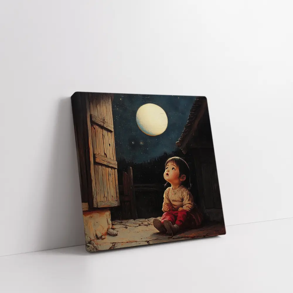 Child Gazing at Full Moon Night Sky – Wall Art