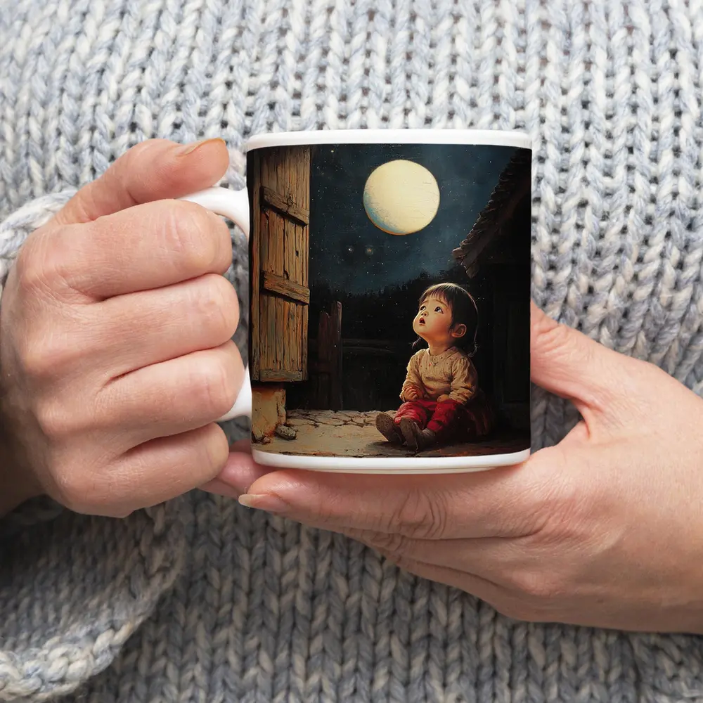 Child Gazing at Full Moon Night Sky – Mugs