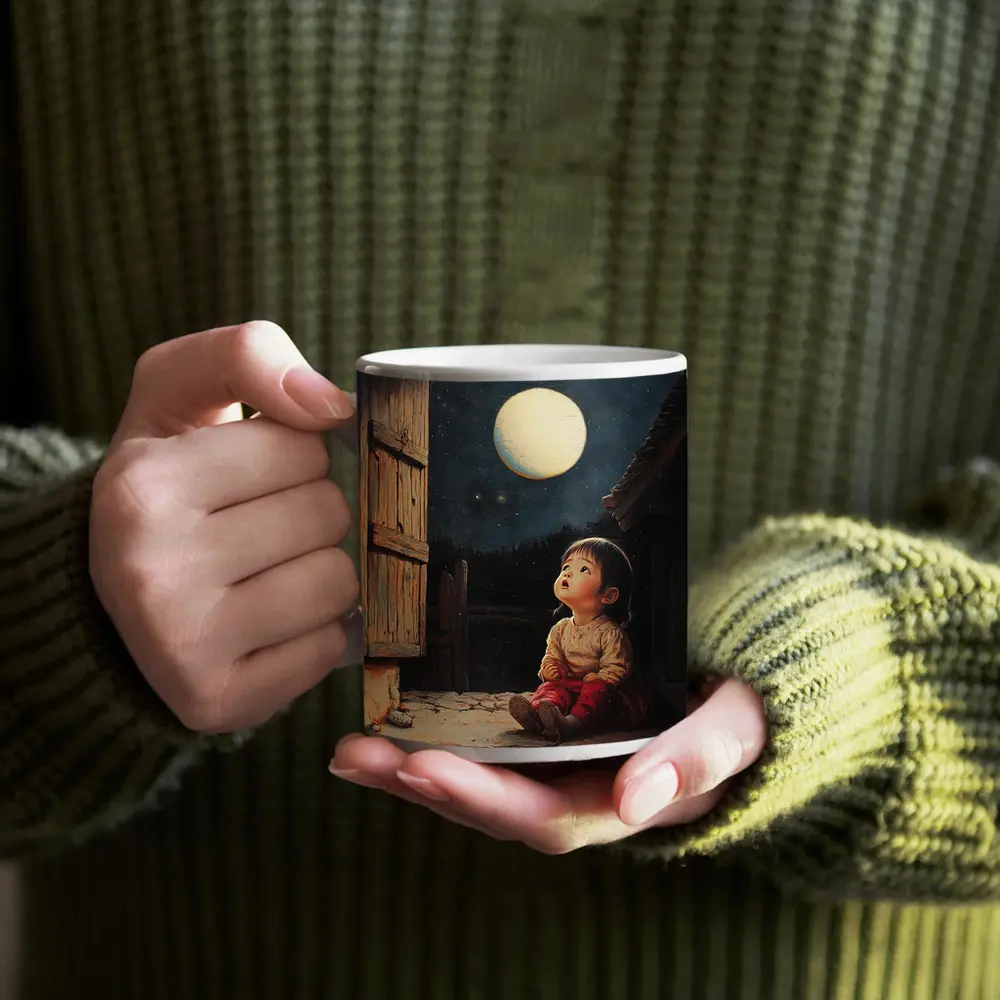 Child Gazing at Full Moon Night Sky – Mugs