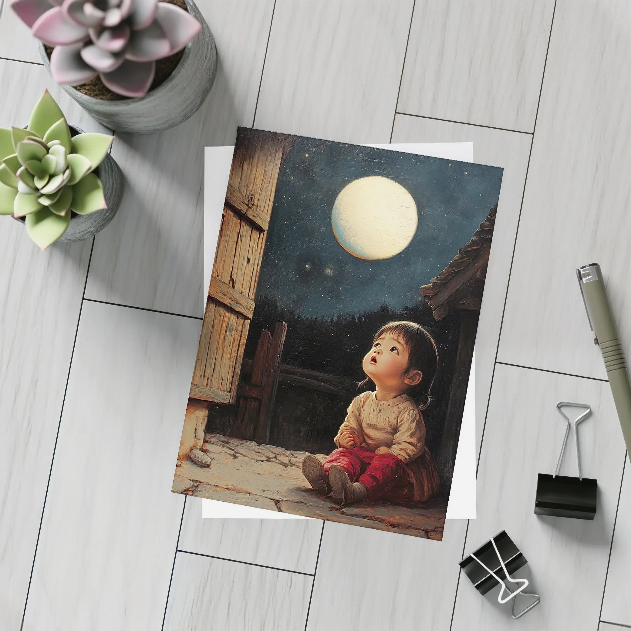 Child Gazing at Full Moon Night Sky – Postcards