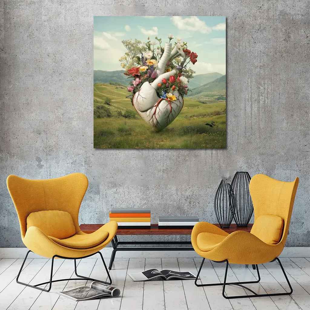 Anatomical Heart Blooming Flowers Green Valley – Wall Art
