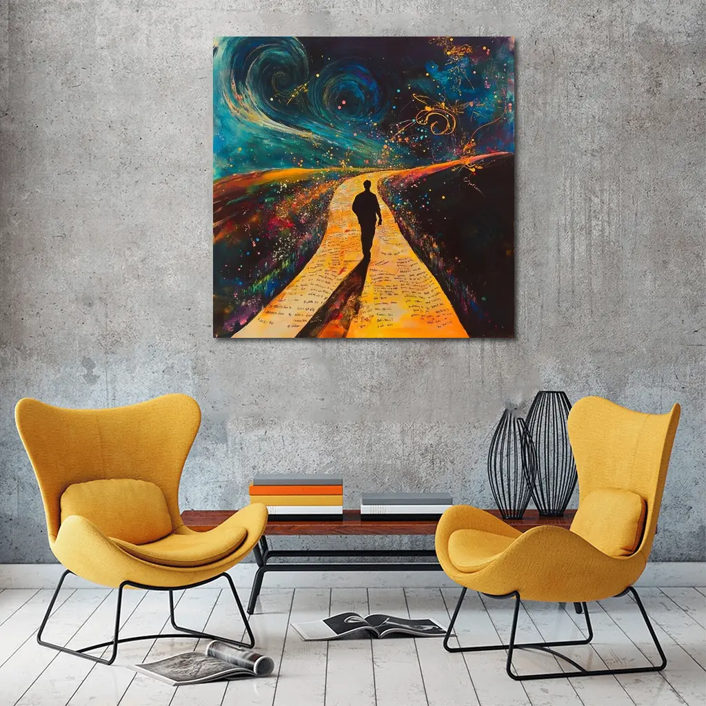 Silhouette Man Walking Cosmic Painted Path – Wall Art