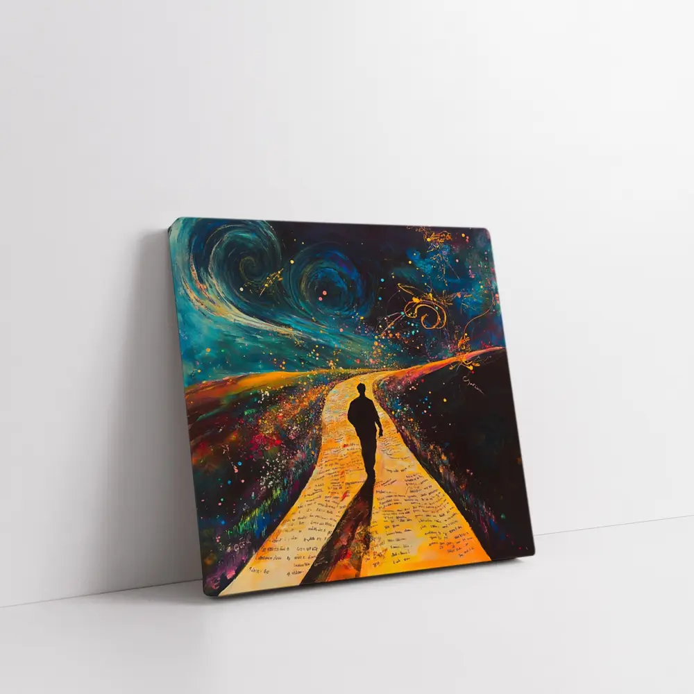 Silhouette Man Walking Cosmic Painted Path – Wall Art