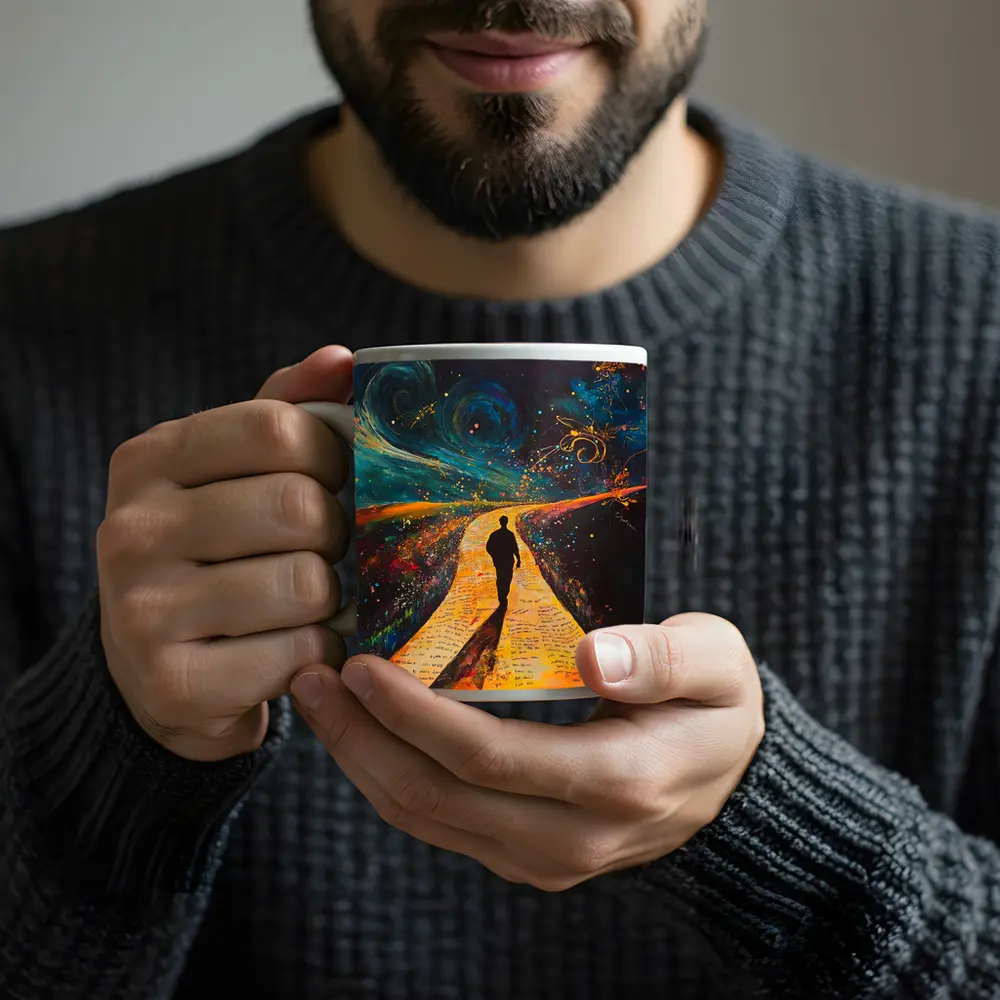 Silhouette Man Walking Cosmic Painted Path – Mugs