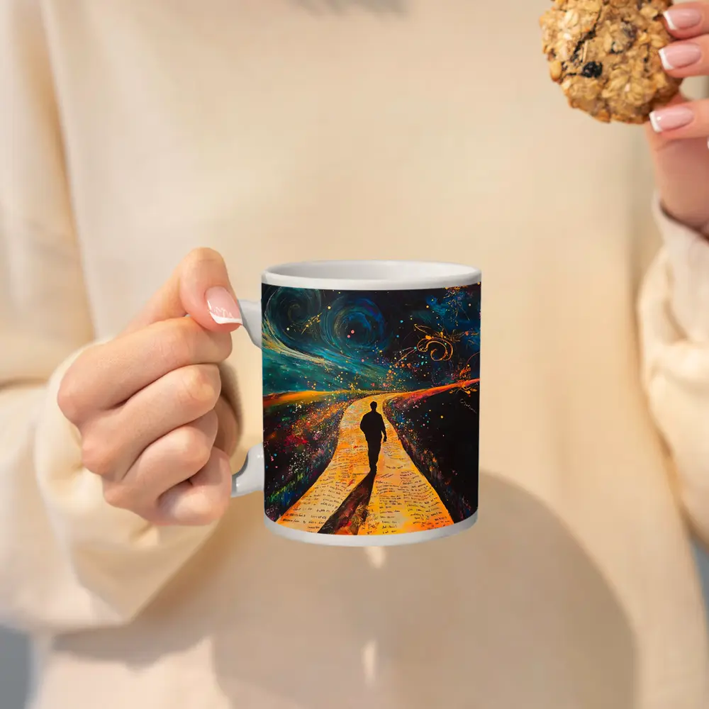 Silhouette Man Walking Cosmic Painted Path – Mugs