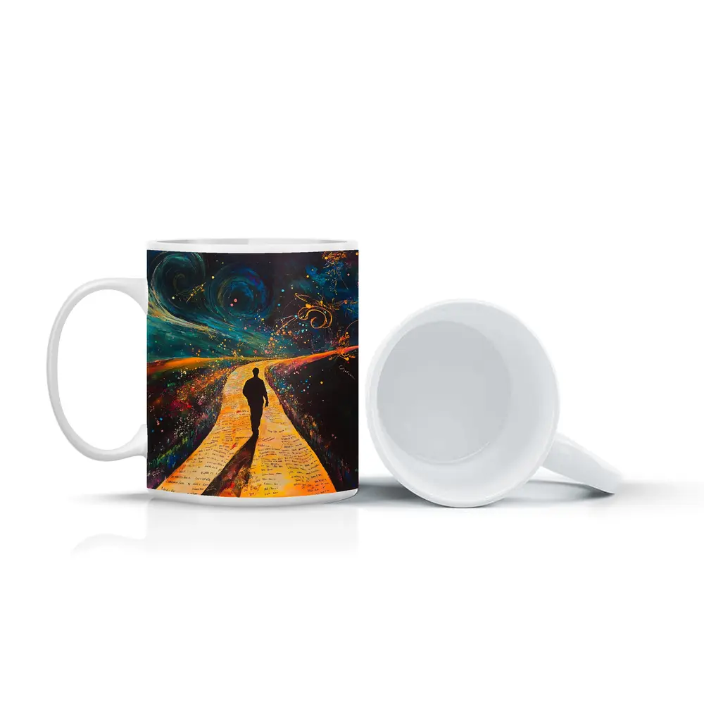Silhouette Man Walking Cosmic Painted Path – Mugs