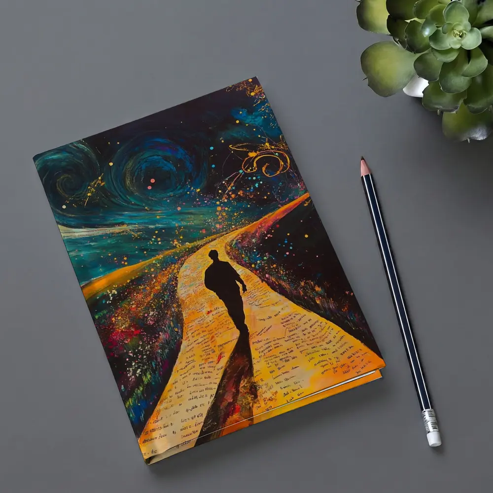 Silhouette Man Walking Cosmic Painted Path – Notebooks