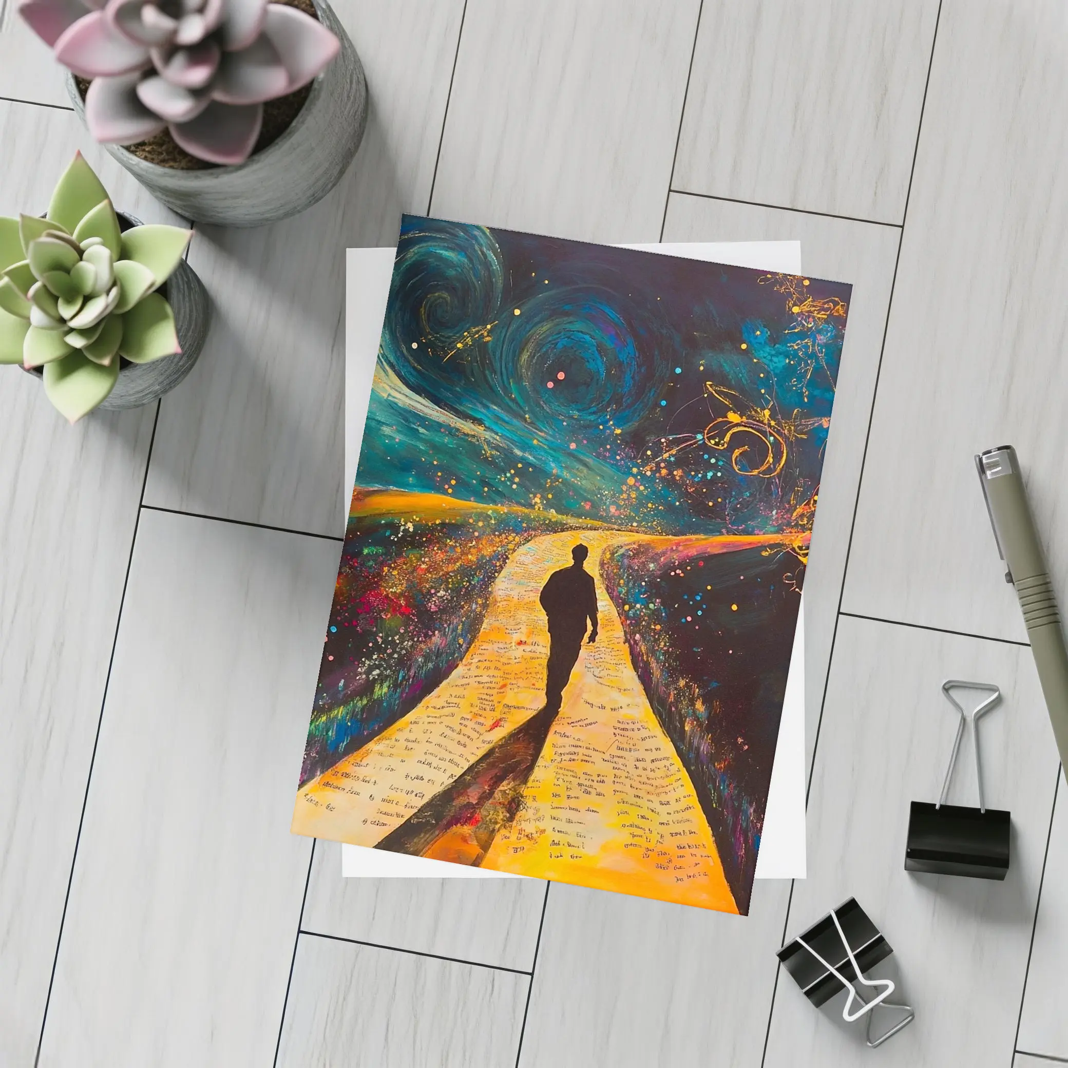 Silhouette Man Walking Cosmic Painted Path – Postcards