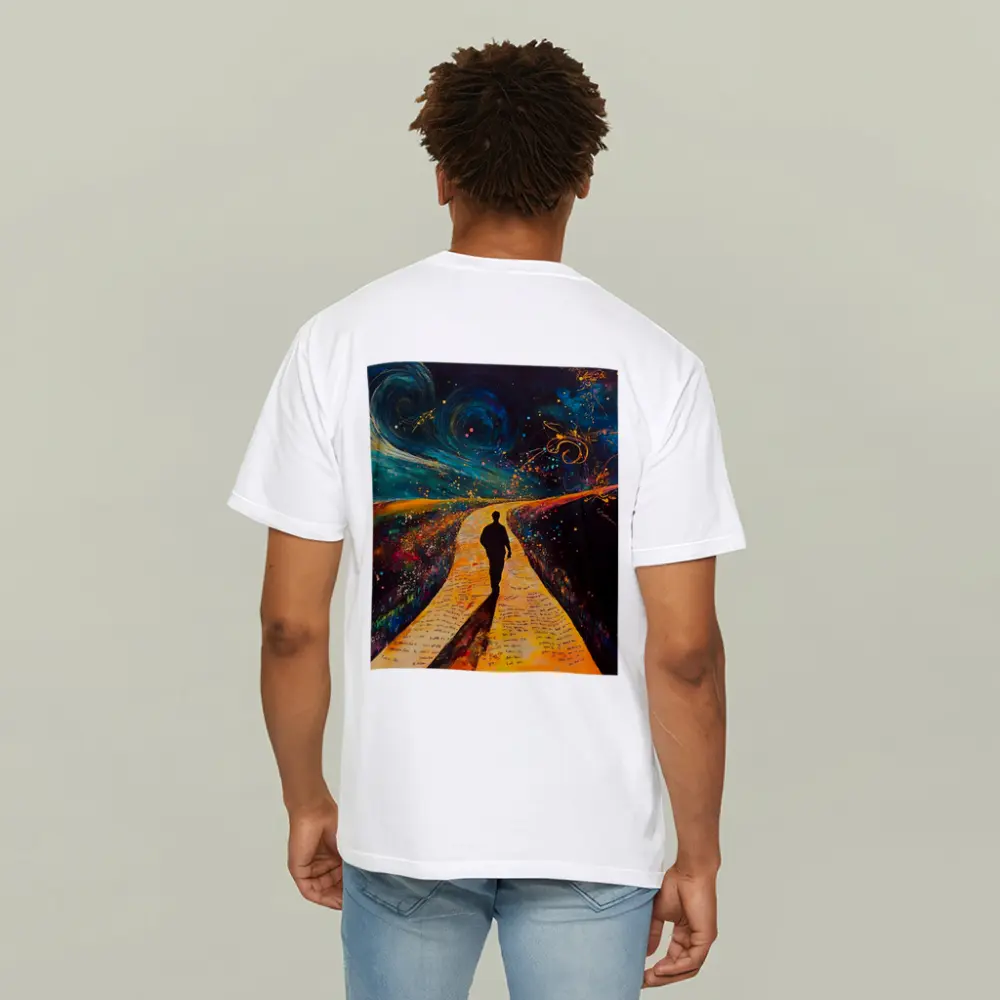 Silhouette Man Walking Cosmic Painted Path – T-Shirts
