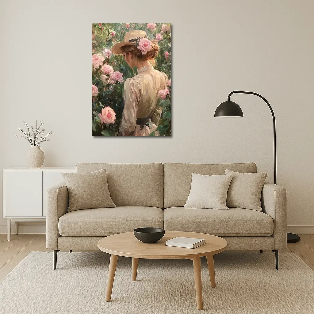 Woman in Hat Among Pink Roses Painting – Wall Art