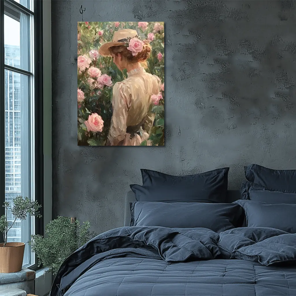 Woman in Hat Among Pink Roses Painting – Wall Art