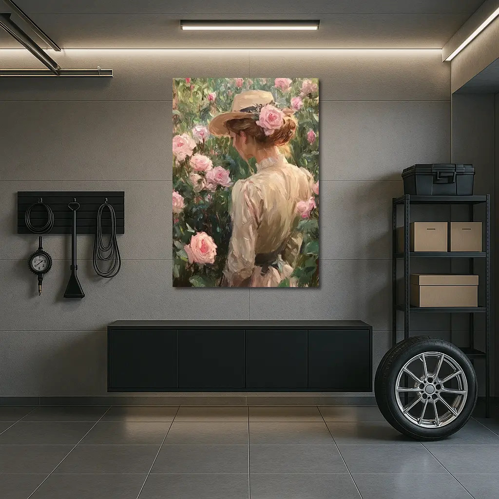 Woman in Hat Among Pink Roses Painting – Wall Art