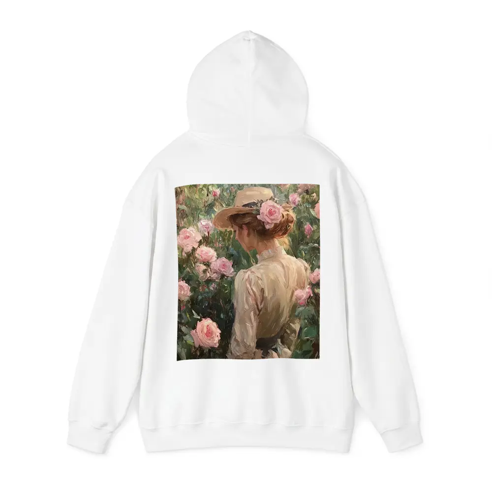 Woman in Hat Among Pink Roses Painting – Hoodies