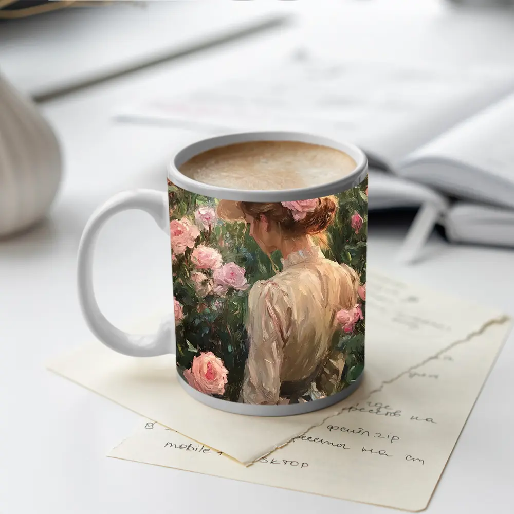 Woman in Hat Among Pink Roses Painting – Mugs