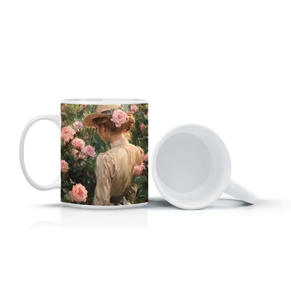 Woman in Hat Among Pink Roses Painting – Mugs