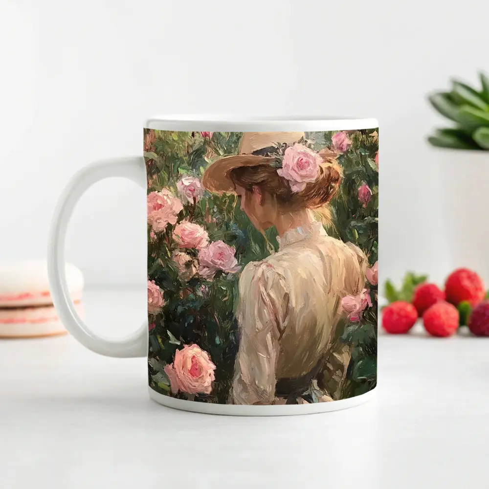 Woman in Hat Among Pink Roses Painting – Mugs