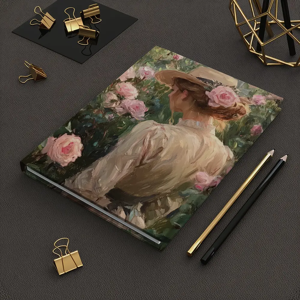 Woman in Hat Among Pink Roses Painting – Notebooks