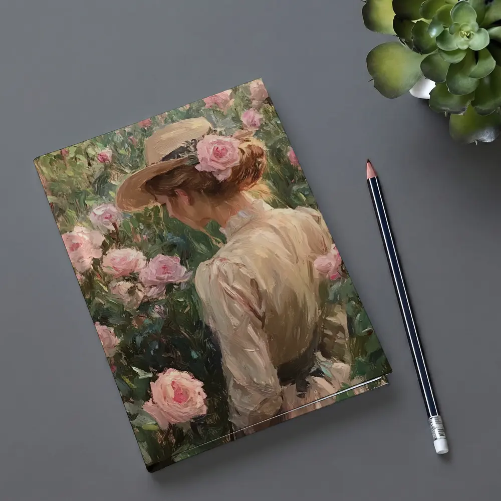 Woman in Hat Among Pink Roses Painting – Notebooks