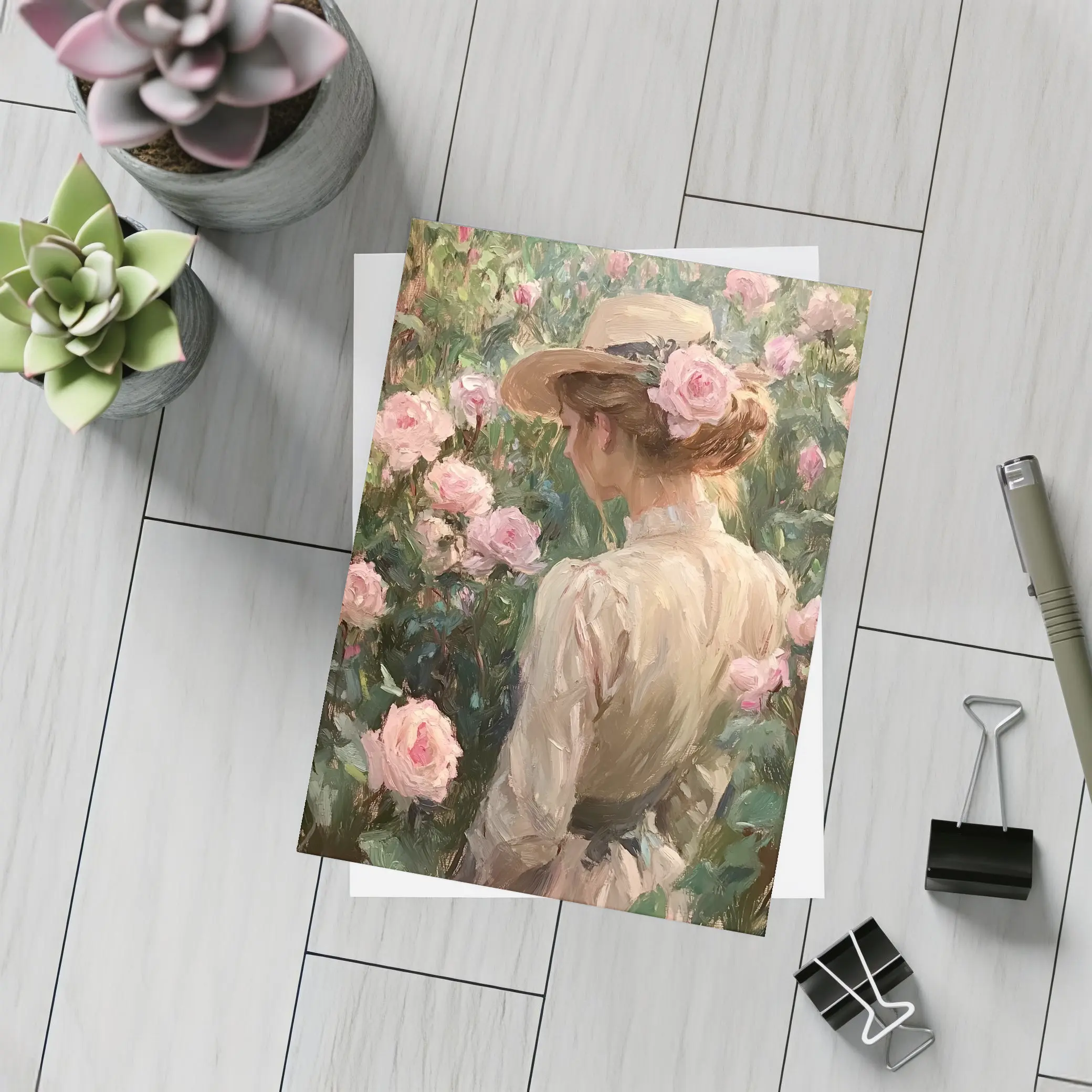 Woman in Hat Among Pink Roses Painting – Postcards