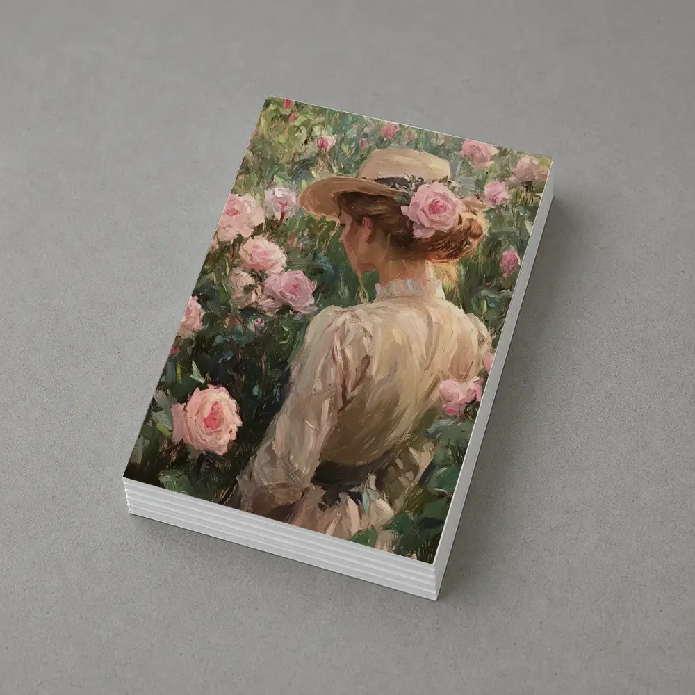 Woman in Hat Among Pink Roses Painting – Postcards