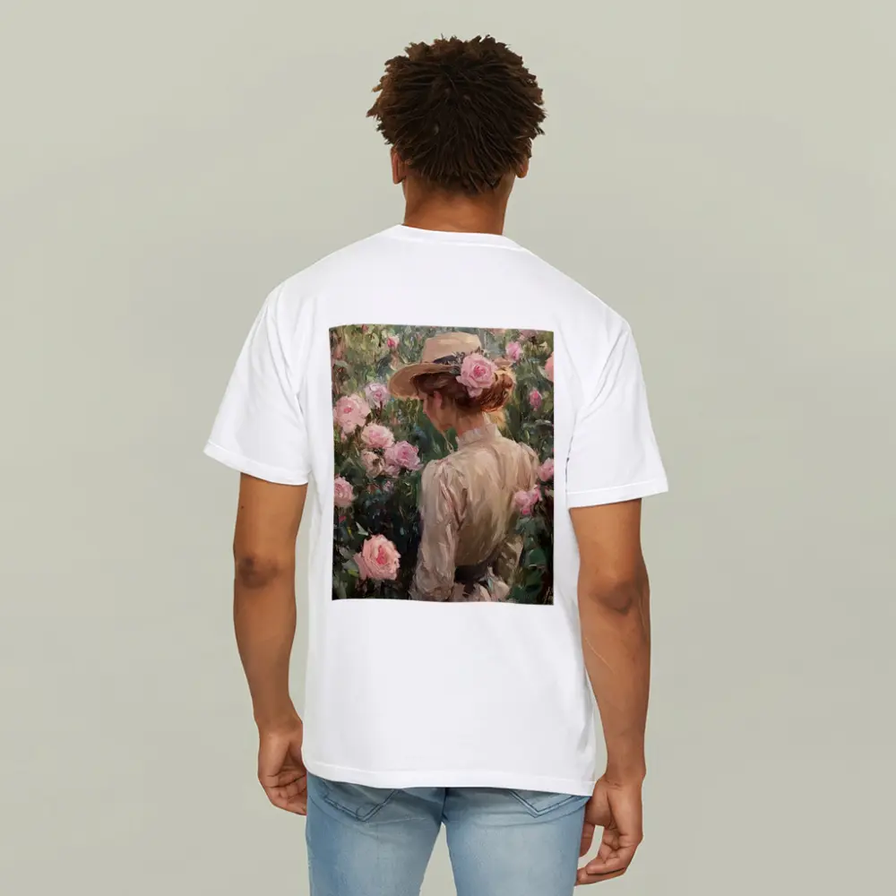 Woman in Hat Among Pink Roses Painting – T-Shirts